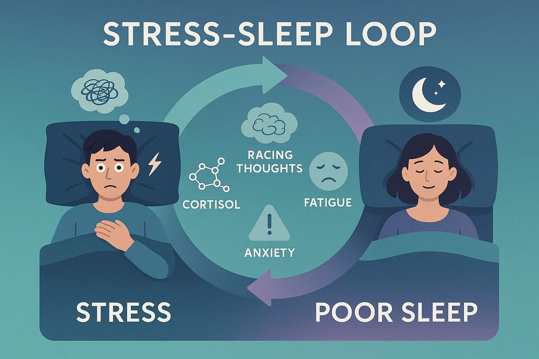 Illustration of stress-sleep loop showing a stressed man with cortisol and racing thoughts and a woman with poor sleep and fatigue