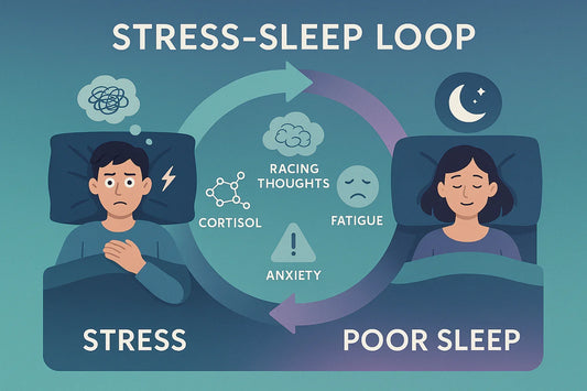 Illustration of stress-sleep loop showing a stressed man with cortisol and racing thoughts and a woman with poor sleep and fatigue