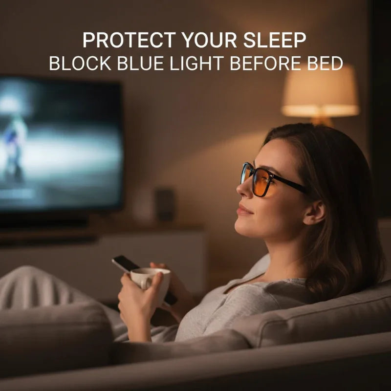Woman wearing blue light blocking glasses watching TV at night to improve sleep quality.