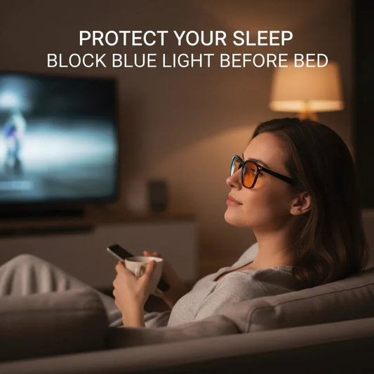 Woman wearing blue light blocking glasses watching TV at night to improve sleep quality.