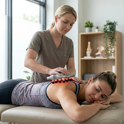 Woman receives relaxing electric back massage in a bright room, spa wellness therapy