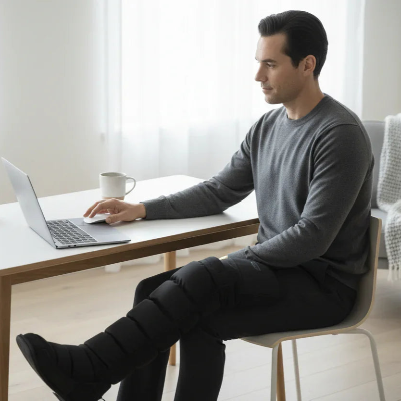 Man using leg massager while working on laptop in bright home, Sleep Oasis wellness product