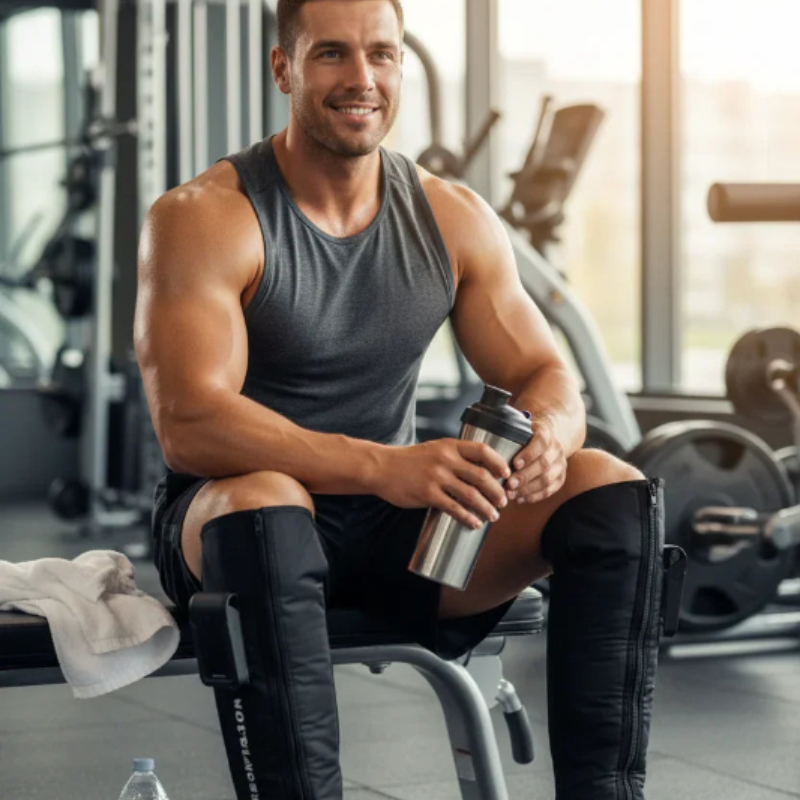 Smiling man in gym using leg compression massagers, holding bottle, Sleep Oasis wellness product