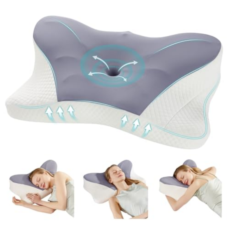 Cervical pillow with ergonomic design and illustrations of people using it on a white background