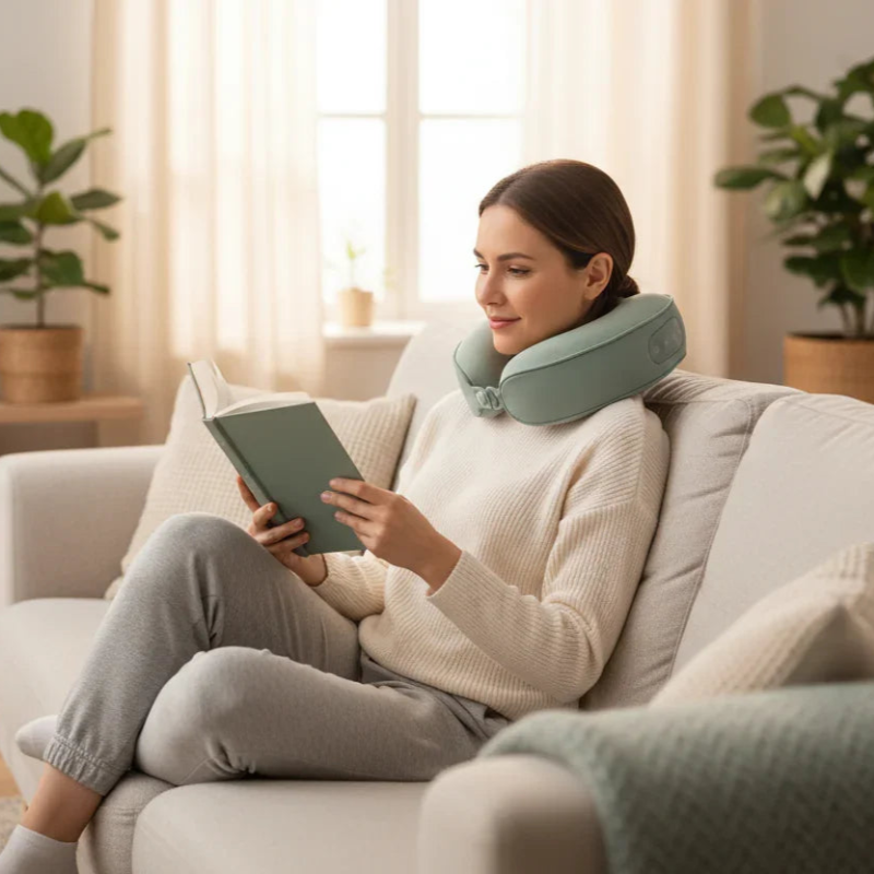 Woman relaxing on sofa with a cervical neck pillow, reading a book in a cozy living room
