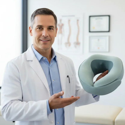 Doctor presenting ergonomic cervical pillow for better sleep in clinic