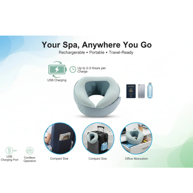 Rechargeable travel neck massager pillow, compact for office and suitcase, USB charging