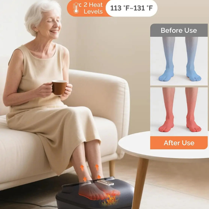 Elderly woman using heated foot massager for warmth and relaxation at home, Sleep Oasis wellness product