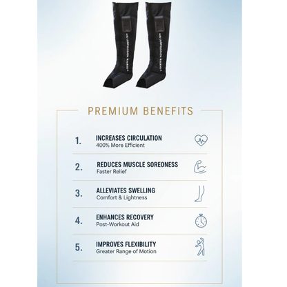 Black leg compression massagers and premium benefits list for Sleep Oasis wellness gifts