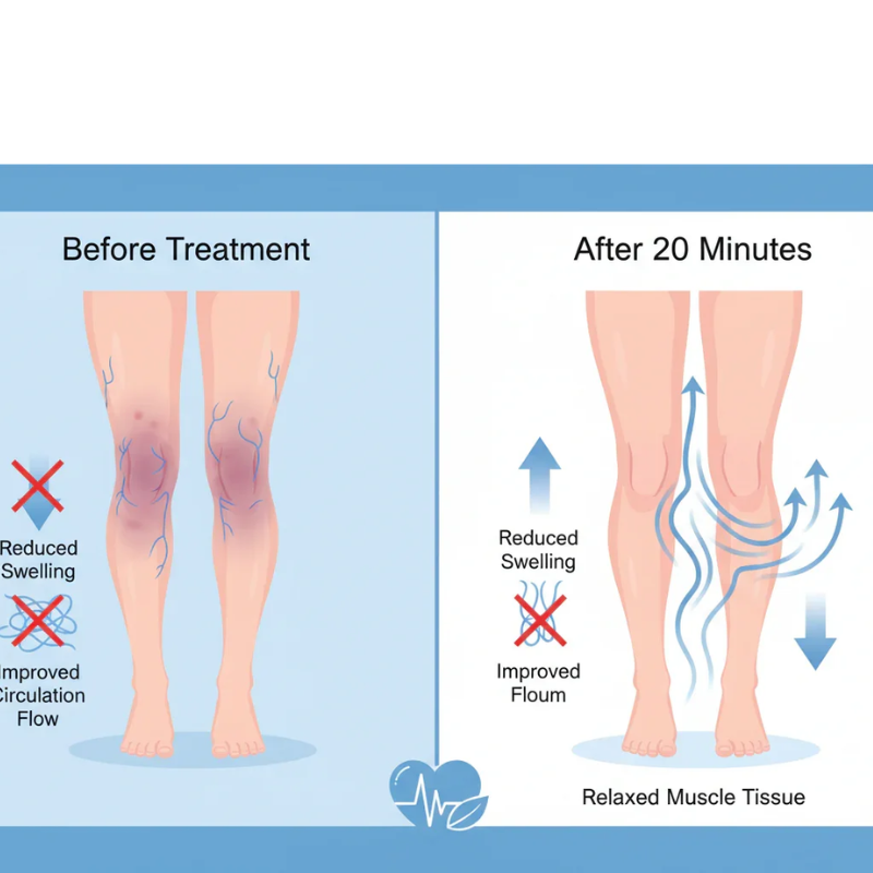 Before and after treatment legs illustration showing reduced swelling, improved circulation and relaxed muscle tissue, ideal for Sleep Oasis wellness products homepage.