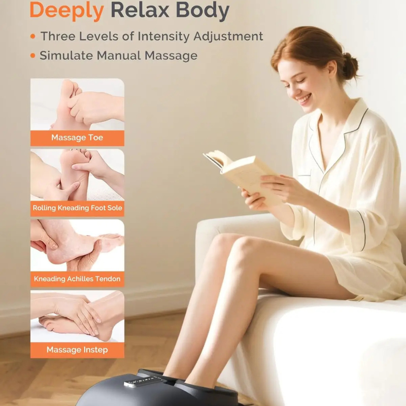 Woman using foot massager while reading, promoting Sleep Oasis relaxation gifts for better sleep