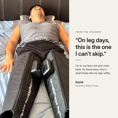 Founder David of Sleep Oasis lying on a bed wearing Dream Restore Pro air compression boots, with his quote about using them on leg days