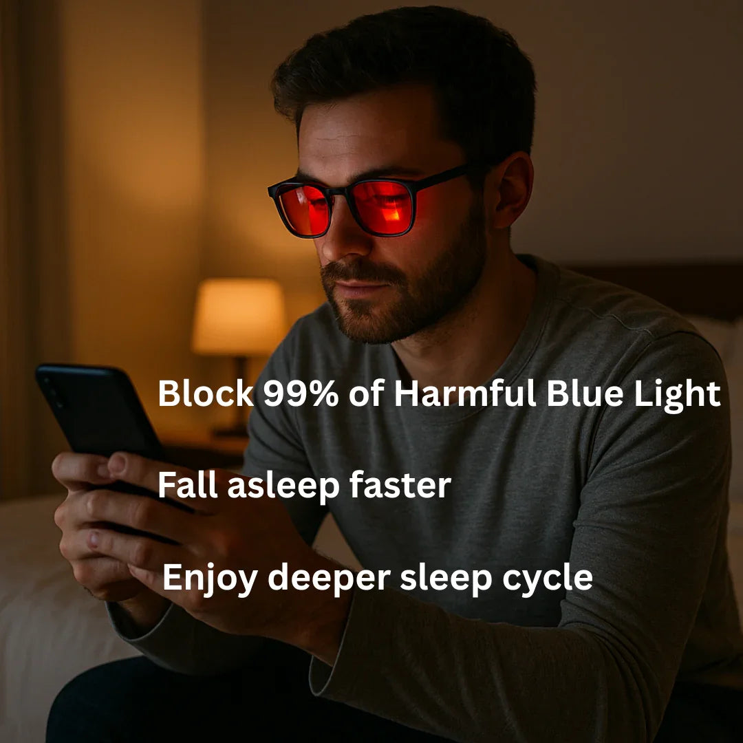 Man wearing red-lens blue light blocking glasses using smartphone in dimly lit bedroom