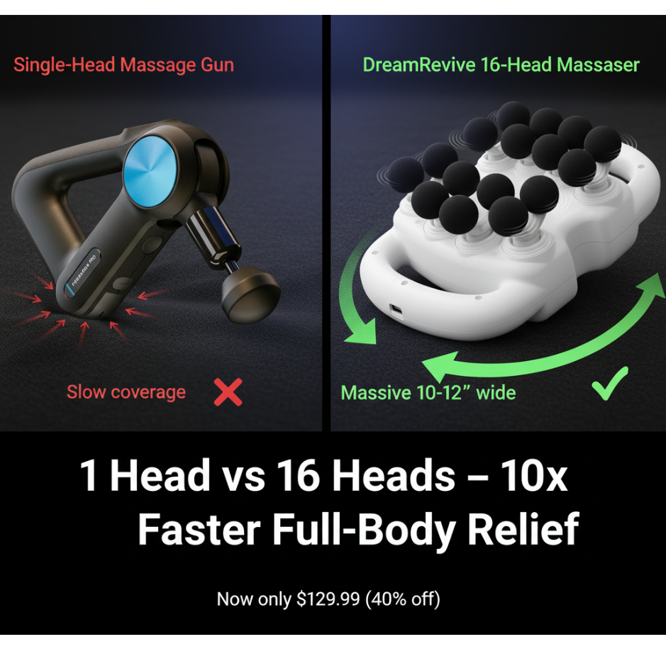 Comparison of a single-head massage gun and a 16-head massager with text highlighting features and price.