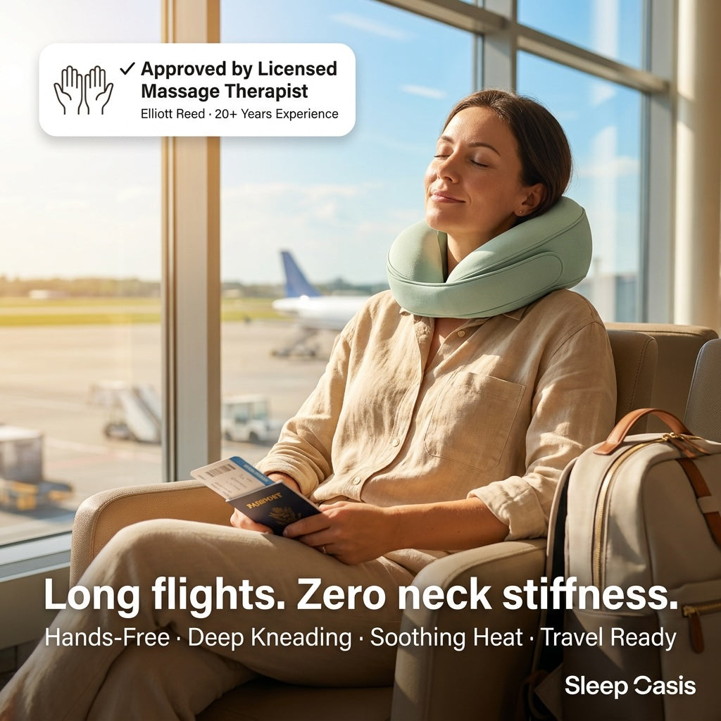 Woman using a DreamElite Neck Pillow Massager  at an airport lounge