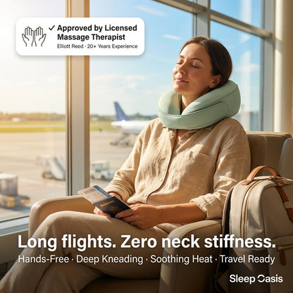 Woman using a DreamElite Neck Pillow Massager  at an airport lounge