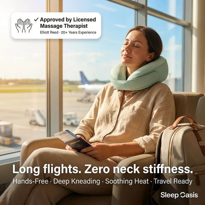 Woman using a DreamElite Neck Pillow Massager  at an airport lounge