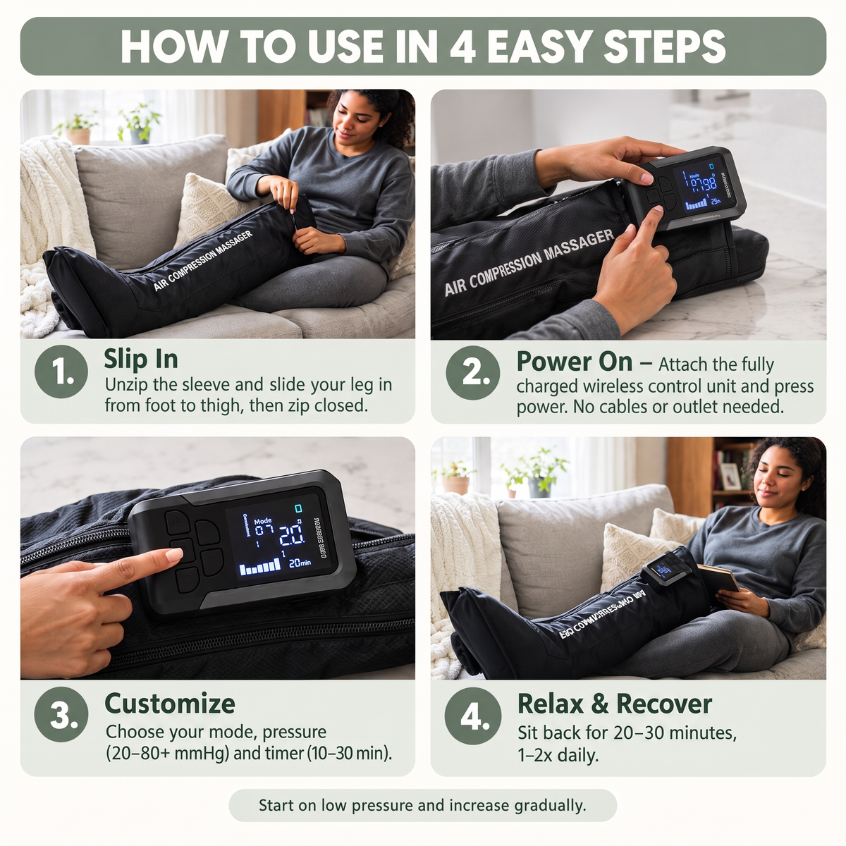 How to use Dream Restore Pro in 4 steps: slip in, power on the wireless control unit, set pressure and timer, relax