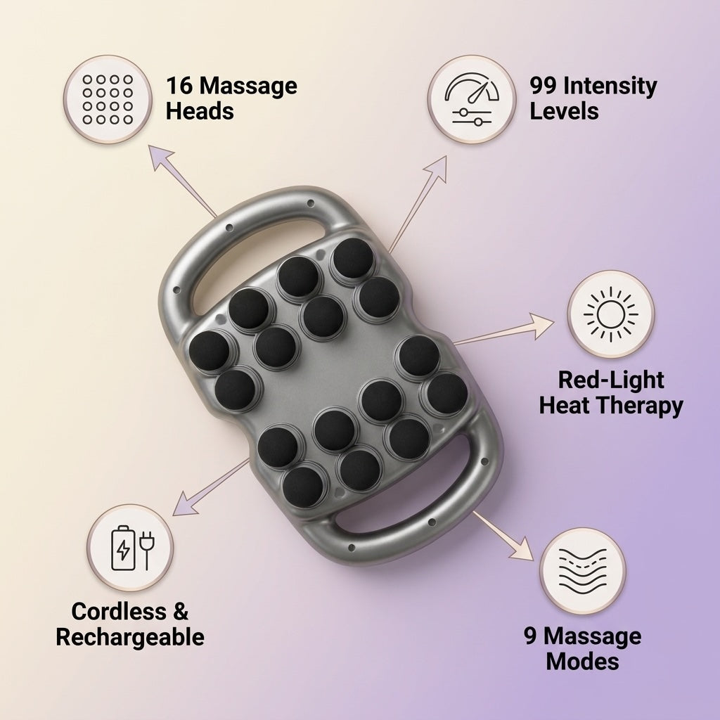 DreamRevive 16 head massage gun with black circular massage heads, shown on a soft beige-to-purple gradient background with feature callouts: 16 massage heads, 99 intensity levels, red-light heat therapy, cordless and rechargeable, and 9 massage modes.