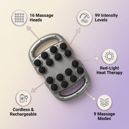 DreamRevive 16 head massage gun with black circular massage heads, shown on a soft beige-to-purple gradient background with feature callouts: 16 massage heads, 99 intensity levels, red-light heat therapy, cordless and rechargeable, and 9 massage modes.