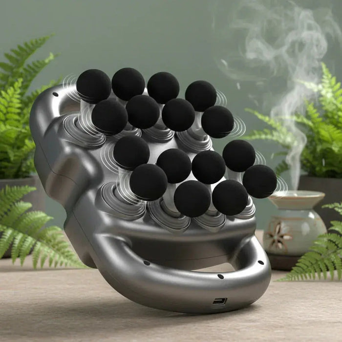Grey handheld 16 head massager with vibrating black nodes on table surrounded by green plants and incense