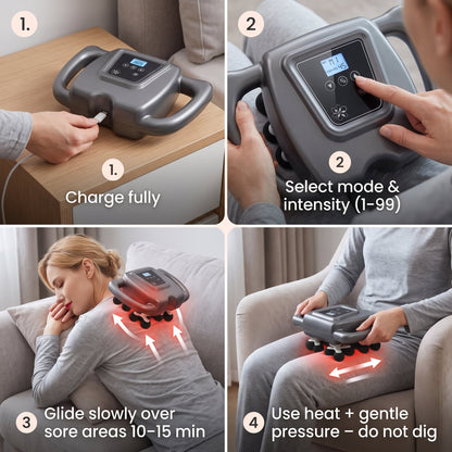 Step-by-step instructions for charging, selecting mode and intensity, and using the DreamRevive 16-head massage gun with heat therapy