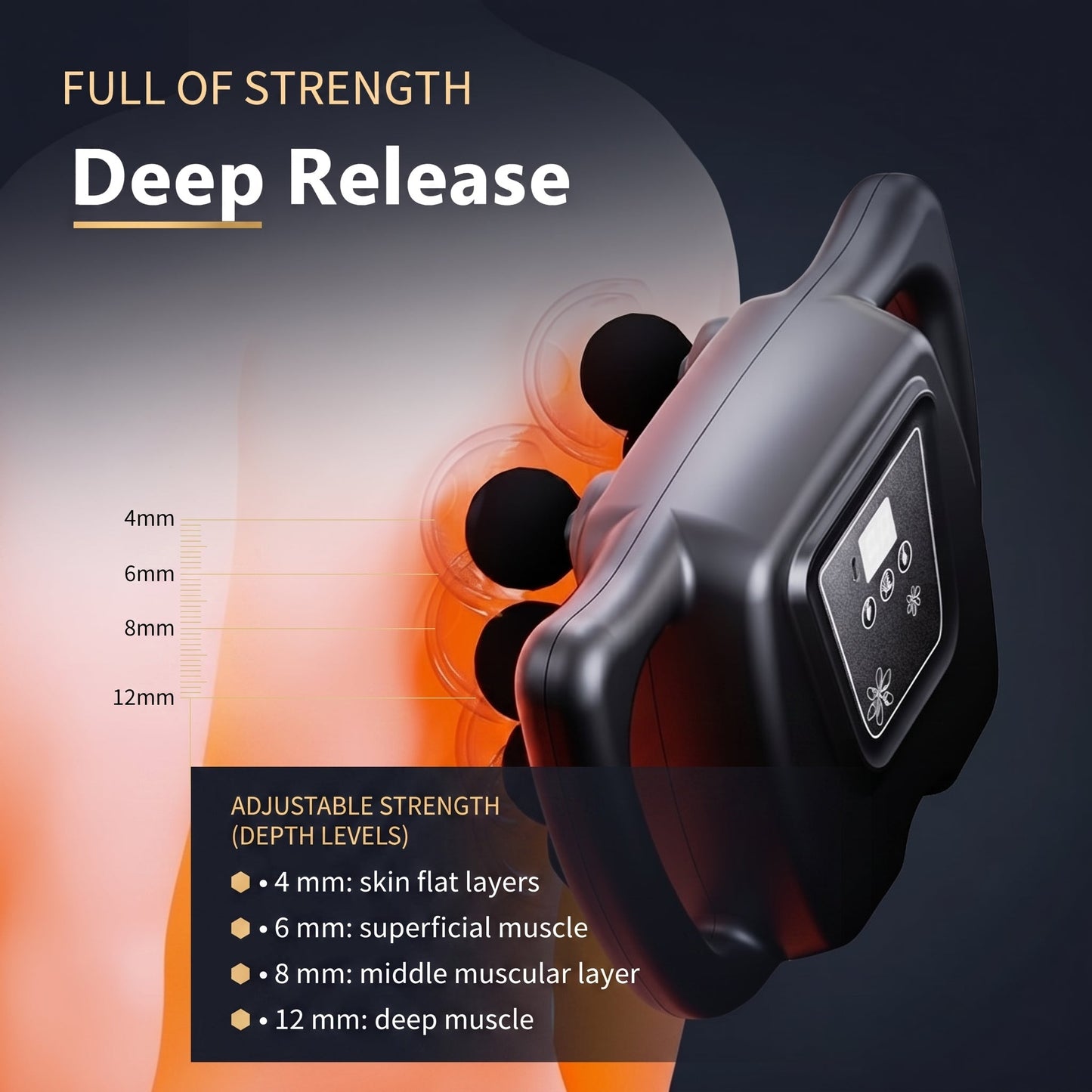 DreamRevive massage gun adjustable strength chart showing 4mm, 6mm, 8mm, and 12mm depth levels for skin, superficial muscle, middle muscle, and deep muscle relief