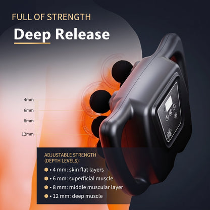 DreamRevive massage gun adjustable strength chart showing 4mm, 6mm, 8mm, and 12mm depth levels for skin, superficial muscle, middle muscle, and deep muscle relief