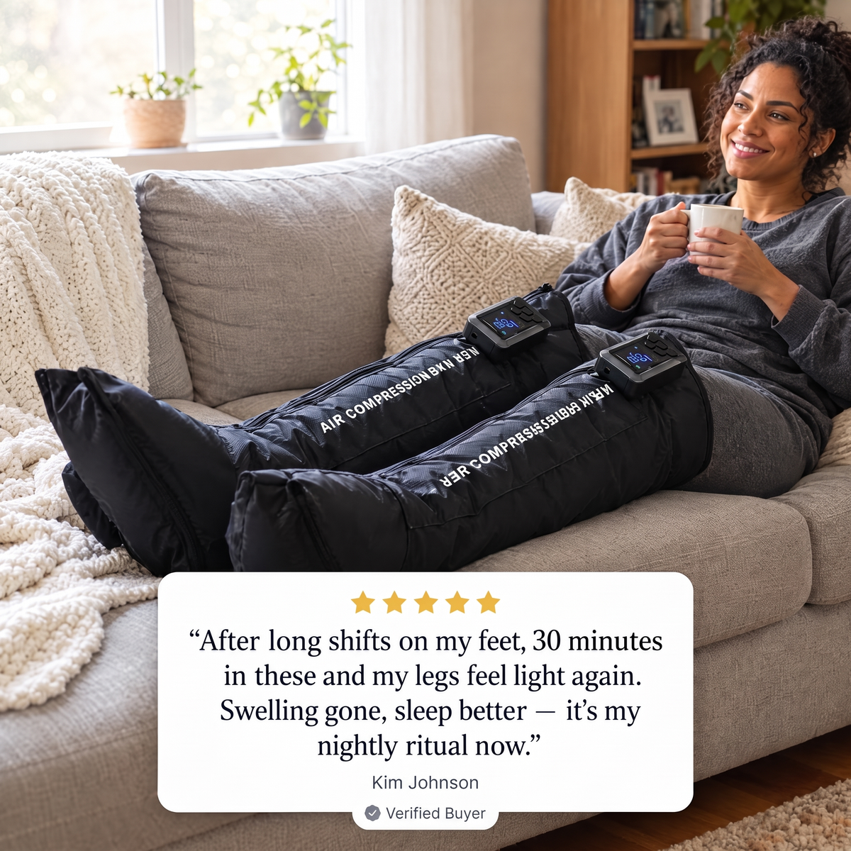 Five-star customer review over photo of woman relaxing on sofa in Dream Restore Pro air compression recovery boots