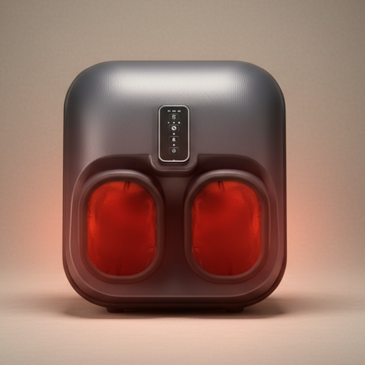 Foot massager with red heating elements on a beige background