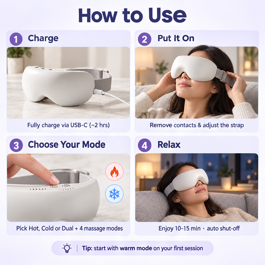 How to use the DreamGaze Eye Massager in 4 steps: charge via USB-C, put it on, choose hot, cold or dual mode, relax for 10–15 minutes