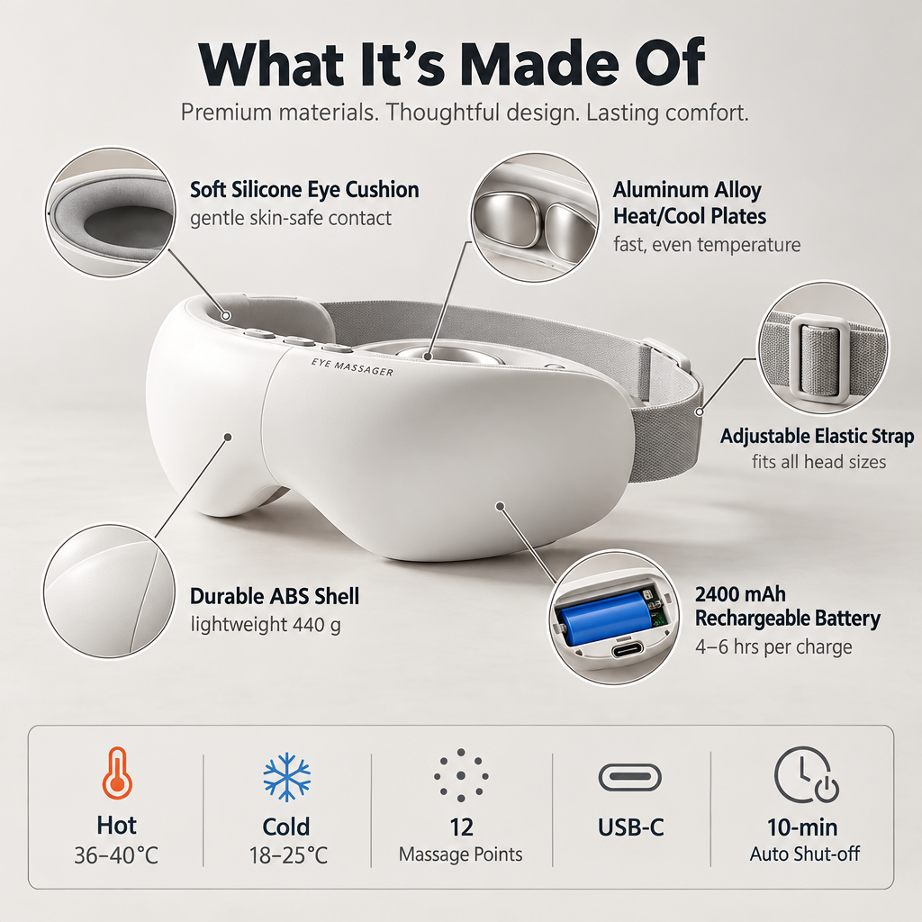 What the DreamGaze Eye Massager is made of: soft silicone cushion, aluminium heat/cool plates, ABS shell, 2400 mAh battery, adjustable strap