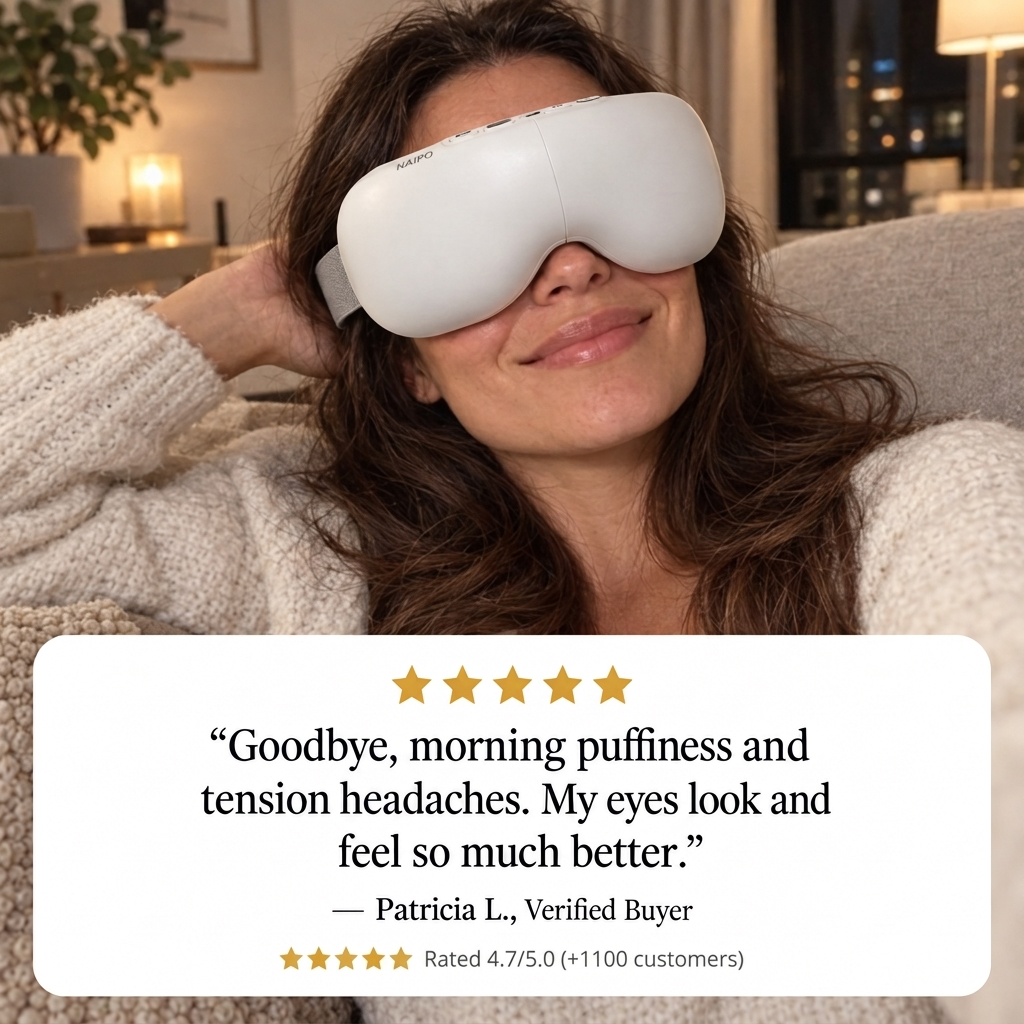 Woman relaxing at home wearing the DreamGaze Eye Massager, with a 5-star review from Patricia L. about less morning puffiness