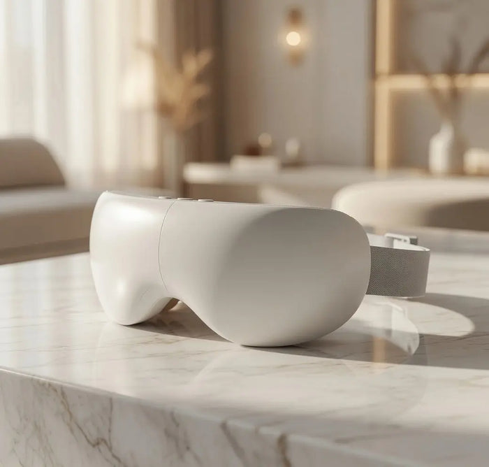 DreamGaze Hot & Cold Eye Massager on a marble surface with a blurred indoor setting
