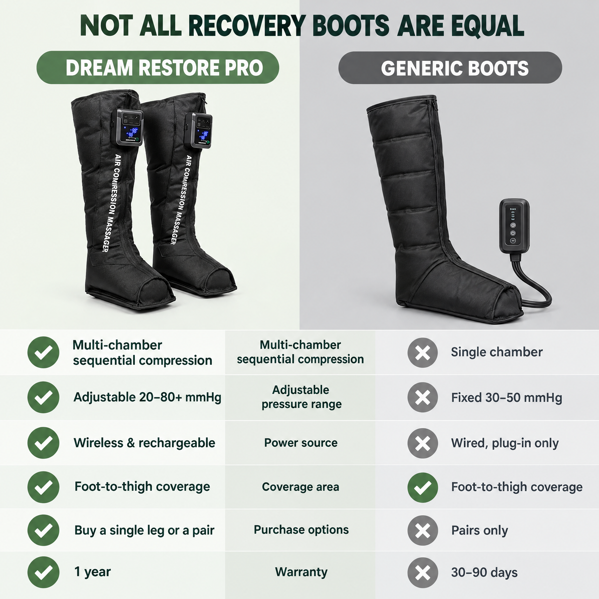 Comparison chart: Dream Restore Pro multi-chamber wireless recovery boots vs generic single-chamber plug-in boots