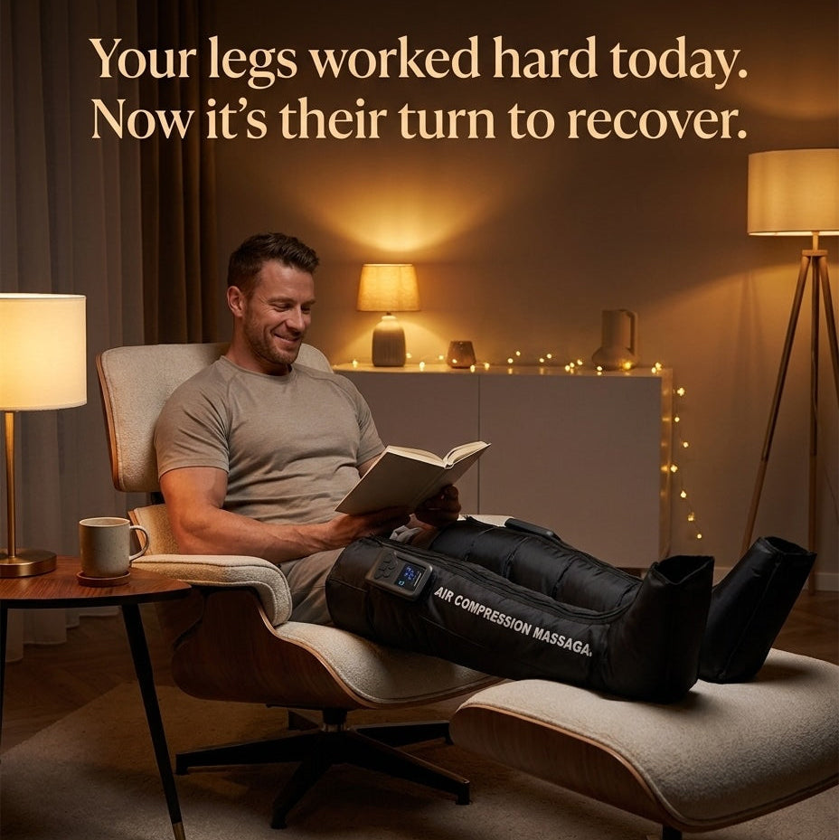 Man relaxing with an air compression  leg massager in a cozy living room.