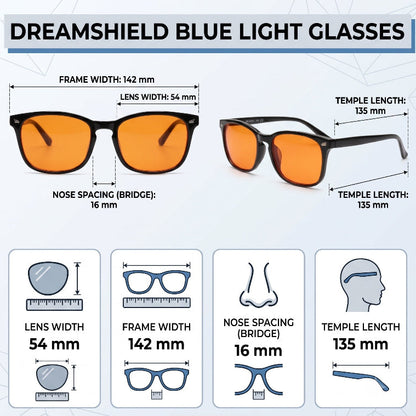 An infographic for Dreamshield Blue Light Glasses by Sleep Oasis, showing two views of the glasses with orange-tinted lenses and black frames, along with labeled dimensions for frame width, lens width, temple length, and nose spacing. Smaller panels below show additional measurement icons and labels on a light blue background.