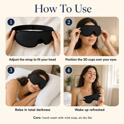 How to use the DreamShade 3D sleep mask in 4 steps: adjust the strap, position the eye cups, sleep in darkness, wake refreshed