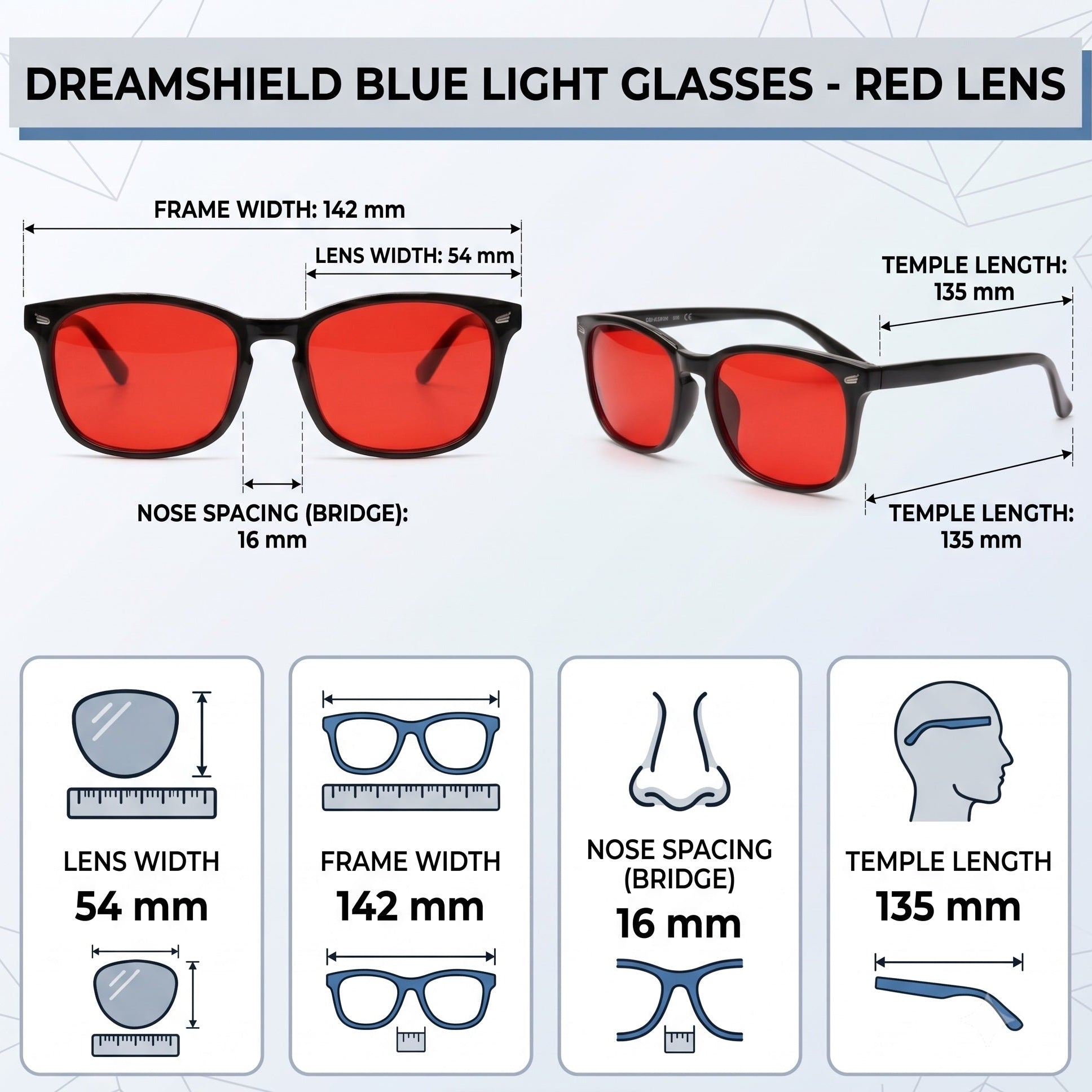 An informational graphic for Dreamshield Blue Light Glasses with a red lens, showing two views of the glasses with labeled dimensions for frame width, lens width, temple length, and nose spacing, plus smaller dimension callouts for lens width, frame width, nose spacing, and temple length. The brand Sleep Oasis appears at the bottom.