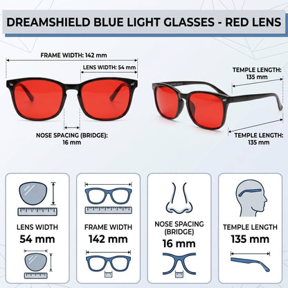 An informational graphic for Dreamshield Blue Light Glasses with a red lens, showing two views of the glasses with labeled dimensions for frame width, lens width, temple length, and nose spacing, plus smaller dimension callouts for lens width, frame width, nose spacing, and temple length. The brand Sleep Oasis appears at the bottom.