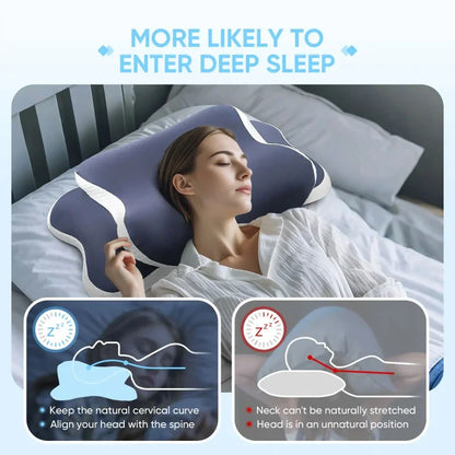 Woman using a cervical pillow with text about deep sleep and diagrams showing proper sleeping positions.