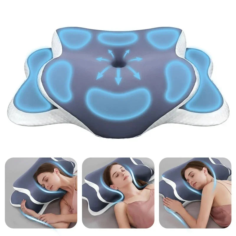 Cervical pillow with blue pressure points and images of people using it.