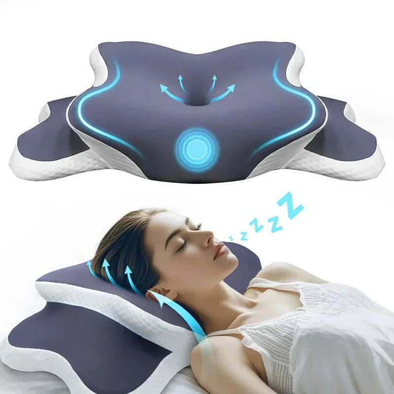 Orthopedic memory foam cervical pillow supporting woman's neck for better sleep