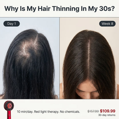 Before-and-after hair thinning comparison showing a woman's dark hair with a scalp patch visible on Day 1 and fuller hair on Week 8 after having used DreamRoot red Light Scalp Massager 
