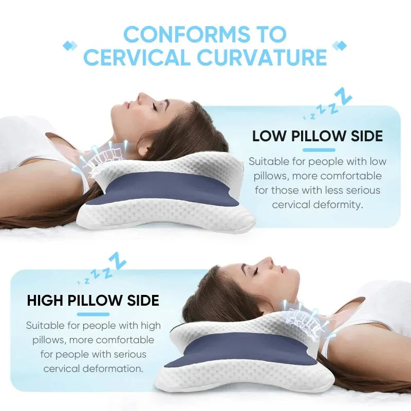 Two people lying on a cervical curvature pillow with text explaining its use.