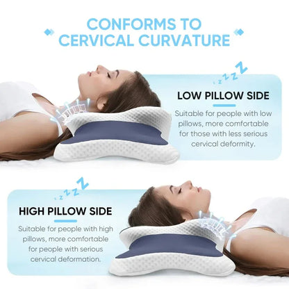 Two people lying on a cervical curvature pillow with text explaining its use.