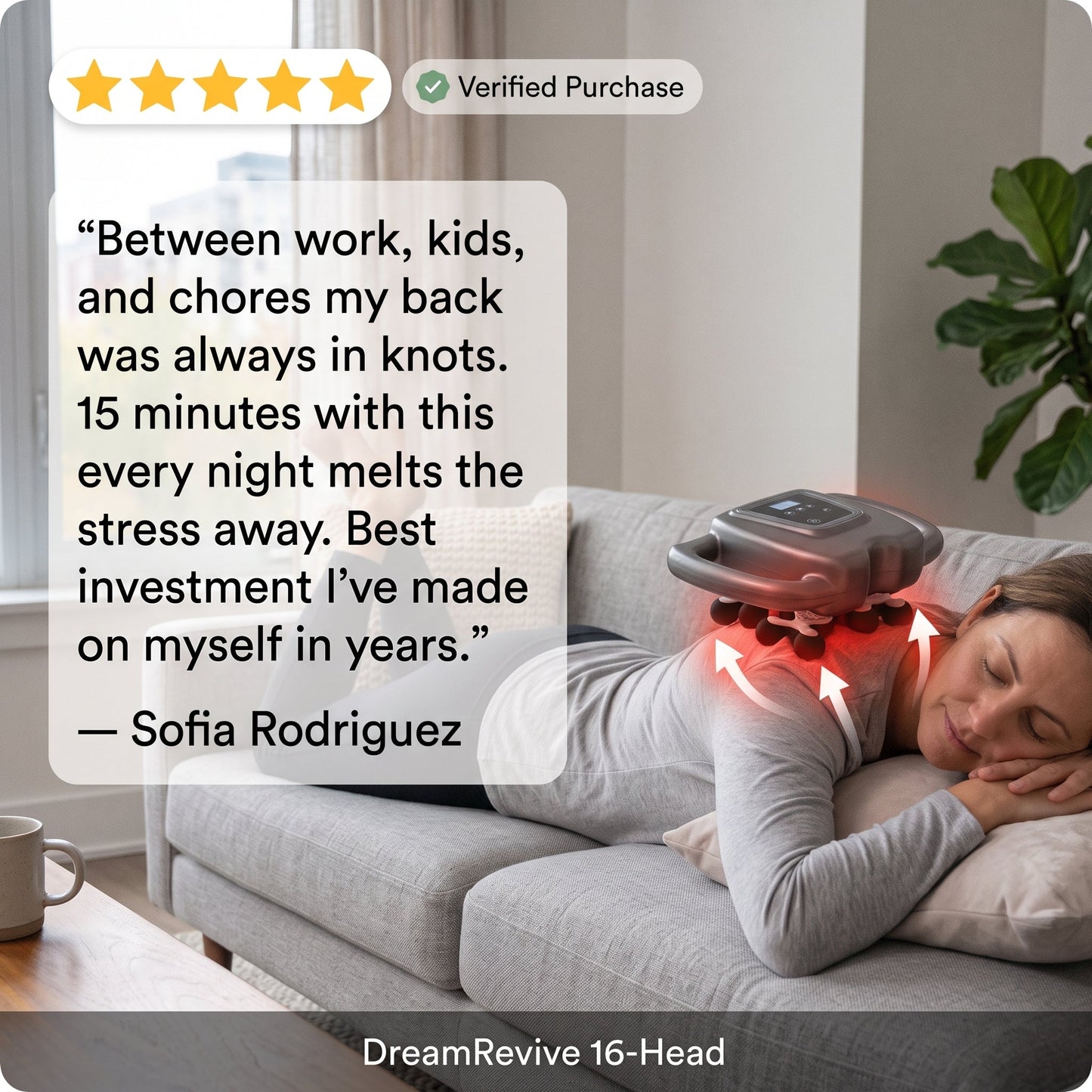 Customer review from Sofia Rodriguez praising the DreamRevive 16-head massager for relieving nightly back tension