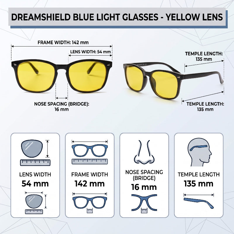 Measurement infographic for Dreamshield blue light glasses with a yellow lens, showing two views of the glasses with labeled dimensions for frame width, lens width, temple length, and nose spacing, plus four smaller dimension callouts below.