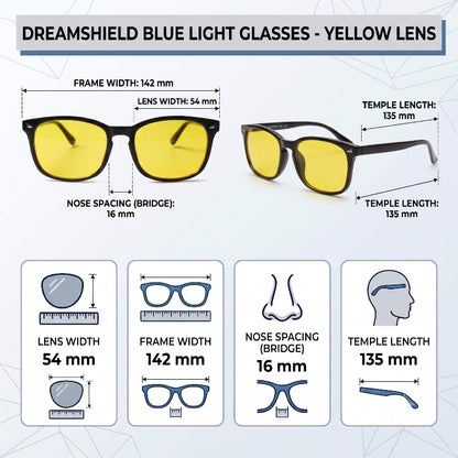 Measurement infographic for Dreamshield blue light glasses with a yellow lens, showing two views of the glasses with labeled dimensions for frame width, lens width, temple length, and nose spacing, plus four smaller dimension callouts below.
