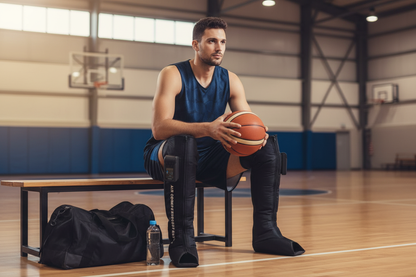Basketball player wearing recovery boots courtside
